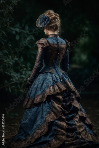 Rear view of woman in victorian dress. Generative AI © raquel