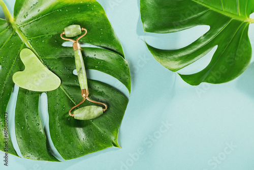 Fototapeta Naklejka Na Ścianę i Meble -  Green jade face roller and gua sha scraper with leaves on light blue background. Massage tool for facial skin care, SPA self and beauty care treatment concept.