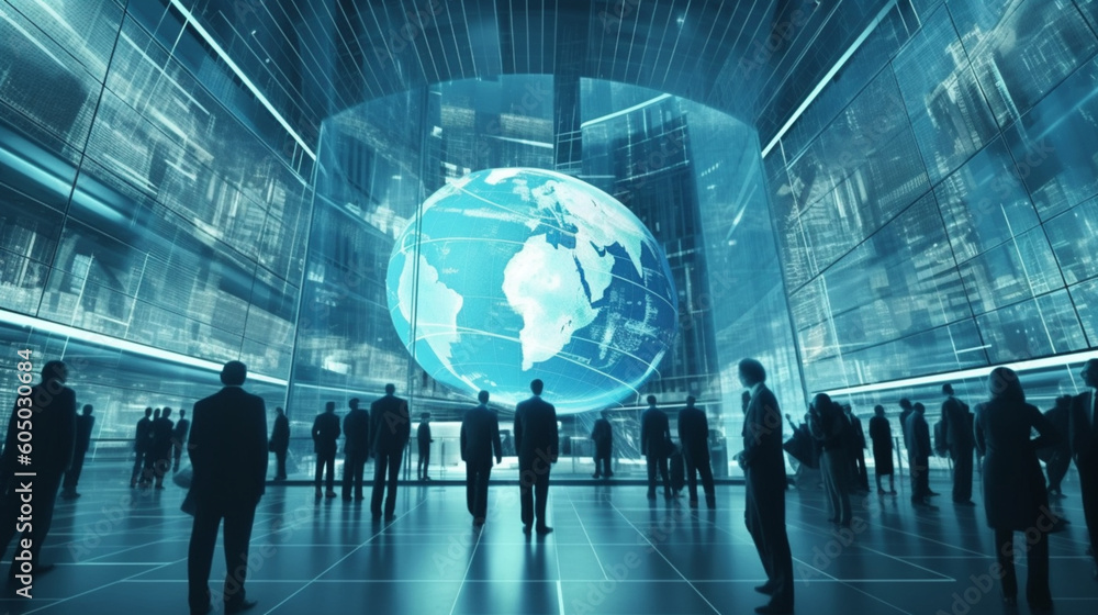Φωτογραφία Global commerce, Blue-themed city concept with business people and stock exchang