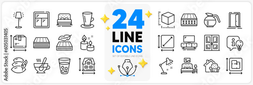 Icons set of Table lamp, Furniture moving and Bed line icons pack for app with Pillow, Square area, Mattress thin outline icon. Lightweight mattress, Tea cup, Door pictogram. Tv stand. Vector