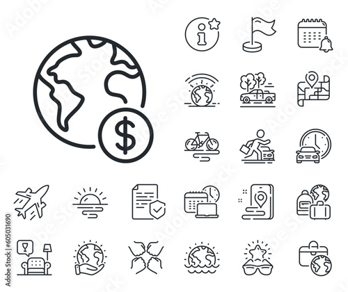 International outsourcing sign. Plane jet, travel map and baggage claim outline icons. Global business line icon. Financial marketing symbol. Global business line sign. Vector