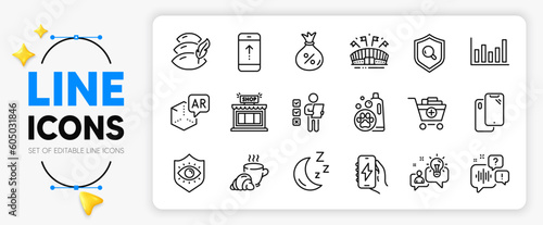 Coffee break, Add products and Inspect line icons set for app include Voting ballot, Idea, Swipe up outline thin icon. Pillow, Sports arena, Shop pictogram icon. Augmented reality, Loan, Moon. Vector