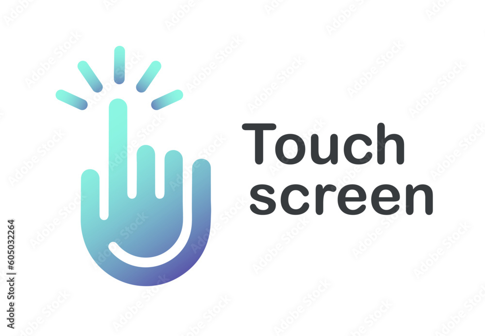 Fototapeta premium Touch screen logo. Big blue cursor with text. Modern technologies of gadgets and devices, smartphones and tablets. Branding for company, digital logotype. Cartoon flat vector illustration