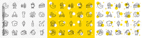 Outline Water splash, Coffee pot and Grilled steak line icons pack for web with Coffee cup, Love cooking, Wine line icon. Popcorn, Gluten free, Vegetables pictogram icon. Cashew nut. Vector