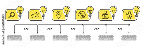 Customer journey concept. Marketing research, business process infographics. Trade path or scheme, timeline with 6 stages. Shopping and commerce. Cartoon flat vector illustration