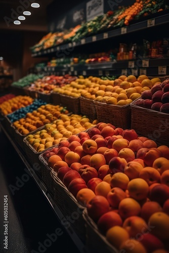Fresh fruits in the supermarket. different types of vegetables on the shelves. Generative AI