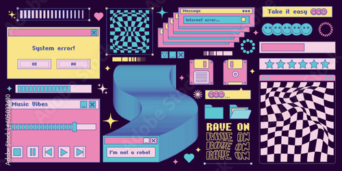 Neon retro pc elements, user interface, psychedelic mood in trendy retro style 2k rave. Vector illustration of 1990s nostalgia.
