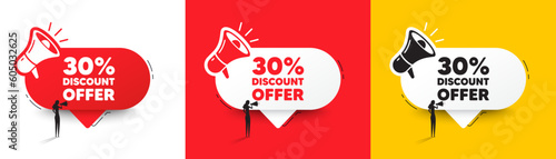 30 percent discount tag. Speech bubble with megaphone and woman silhouette. Sale offer price sign. Special offer symbol. Discount chat speech message. Woman with megaphone. Vector