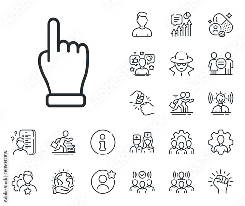 One finger palm sign. Specialist, doctor and job competition outline icons. Click hand line icon. Direction gesture symbol. Click hand line sign. Avatar placeholder, spy headshot icon. Vector
