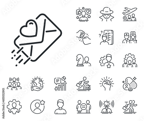 Heart mail sign. Specialist, doctor and job competition outline icons. Love letter line icon. Valentine day symbol. Love letter line sign. Avatar placeholder, spy headshot icon. Strike leader. Vector