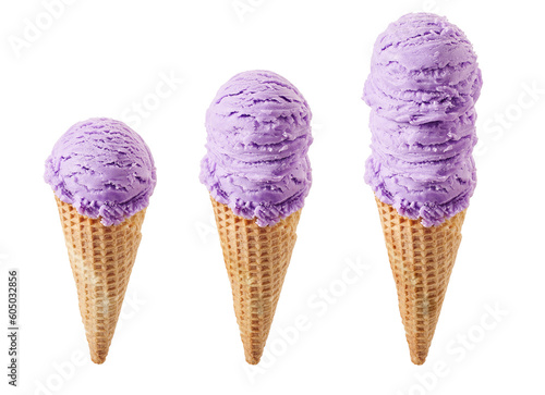 Blueberry ice cream with cone isolated on white background