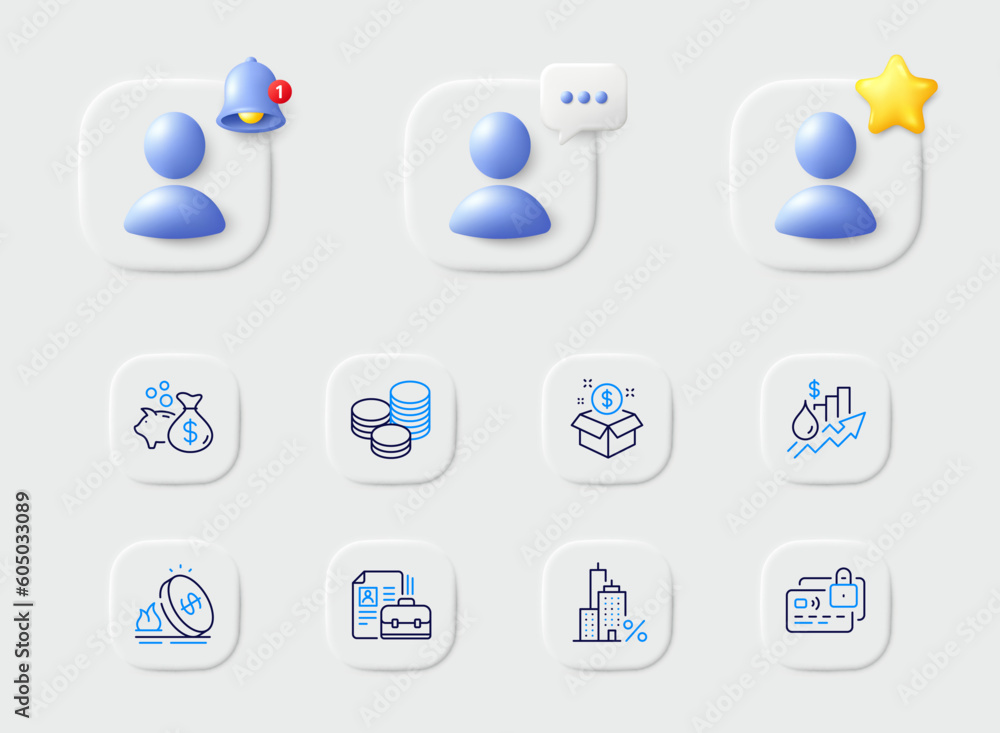 Post package, Gas price and Rise price line icons. Placeholder with 3d star, reminder bell, chat. Pack of Mortgage, Loan, Card icon. Vacancy, Tips pictogram. For web app, printing. Vector Post package, Gas price and Rise price line icons. Placeholder with 3d star, reminder bell, chat. Pack of Mortgage, Loan, Card icon. Vacancy, Tips pictogram. For web app, printing. Vector