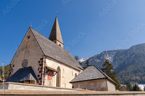 Detail of a church in Italian Dolomites - Alps in Europe on a beautiful sunny day.