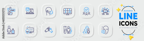 Clapping hands, Baggage and Face declined line icons for web app. Pack of Video conference, Employee result, Cyber attack pictogram icons. Fake internet, Approved group, Medical analyzes signs. Vector