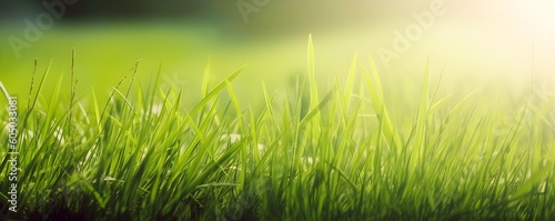 Natural background banner with green fresh grass and copy space. Generative AI.