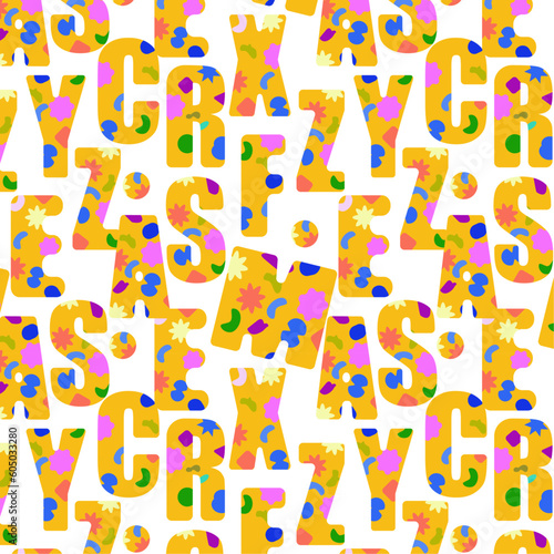 A bright pattern of cheerful multicolored spotted letters