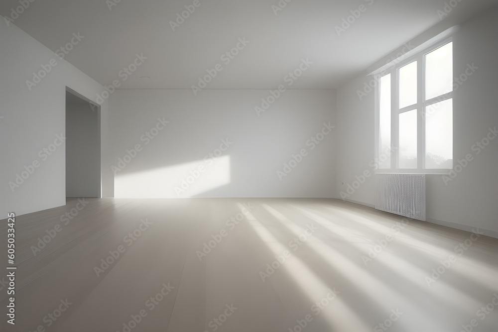 empty room illuminated by the rays of the sun, presentation, advertising. Generative AI empty room illuminated by the rays of the sun, presentation, advertising. Generative AI