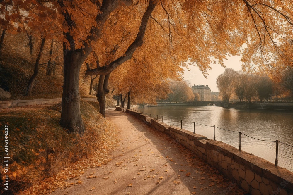 Fall colors in Paris park with pathway & lake, France. Generative AI
