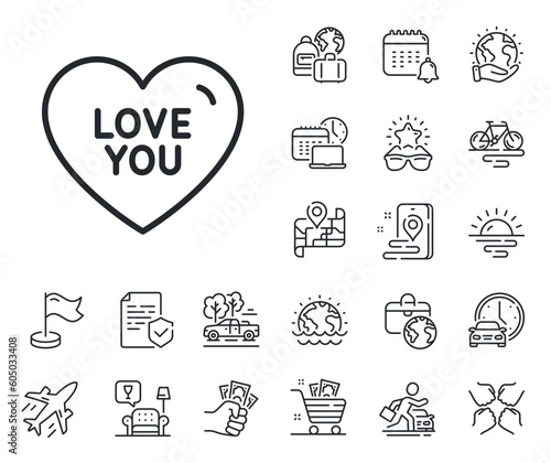 Sweet heart sign. Plane jet, travel map and baggage claim outline icons. Love you line icon. Valentine day symbol. Love you line sign. Car rental, taxi transport icon. Place location. Vector