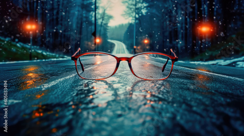 Clear illustration of the road leading to the light source behind the glasses, with a blurred background. Generative AI