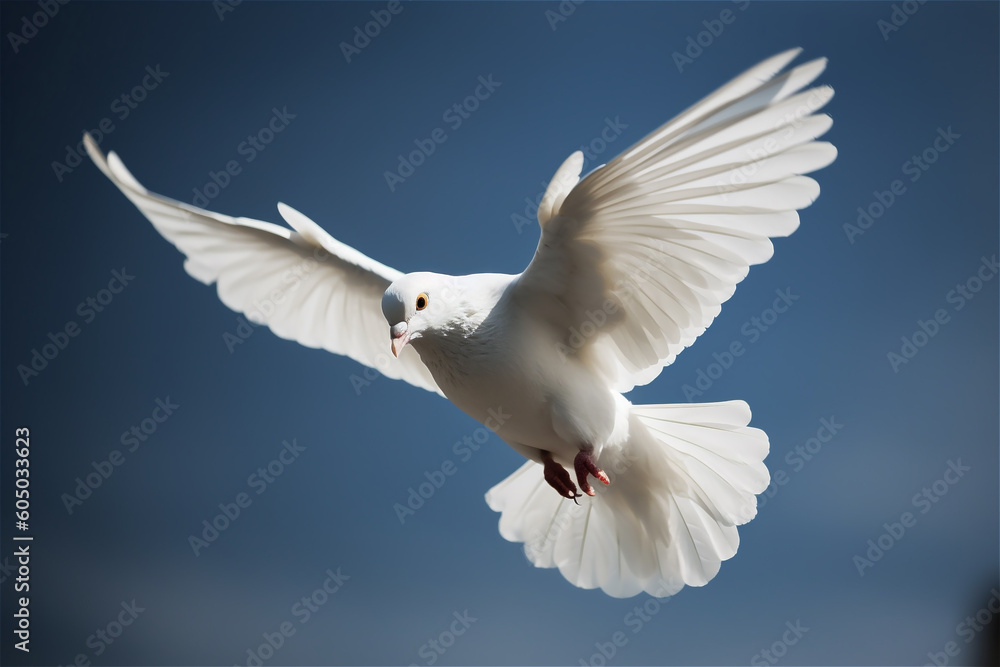 Obraz premium Flying white dove as a symbol of freedom. AI generated content