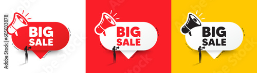 Big Sale tag. Speech bubble with megaphone and woman silhouette. Special offer price sign. Advertising Discounts symbol. Big sale chat speech message. Woman with megaphone. Vector