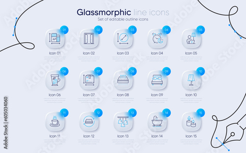 Set of Aroma candle, Ceiling lamp and Table lamp line icons for web app. Box size, Mint leaves, Pillows icons. Open door, Floor plan, Mattress signs. Tea cup, Bath, Circle area. Vector