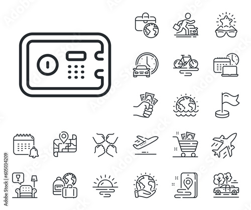 Secure deposit sign. Plane jet, travel map and baggage claim outline icons. Safe box line icon. Hotel service symbol. Safe box line sign. Car rental, taxi transport icon. Place location. Vector