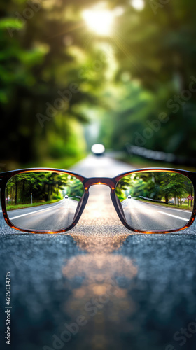 Clear illustration of the road leading to the light source behind the glasses, with a blurred background. Generative AI © keks20034