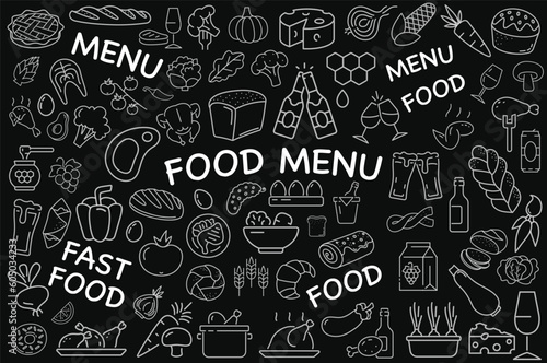 Food line banner. Set of minimalistic icons. Vegetables and fruits, meat. Fast food and eating healthy. Collection of dishes at black background, wallpaper. Flat vector illustration