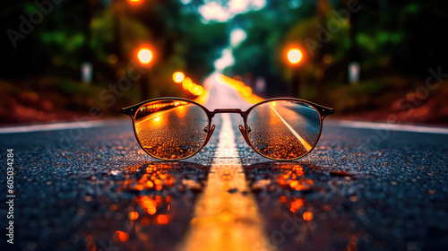 Clear illustration of the road leading to the light source behind the glasses, with a blurred background. Generative AI
