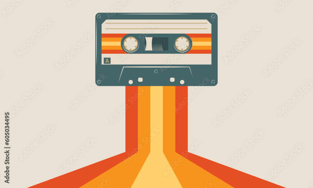 Retro musiccasette with retro colors eighties style, cassette tape, vector art image illustration, mix tape retro cassette design, Music vintage and audio theme,  Synthwave and vaporwave template
 - obrazy, fototapety, plakaty 