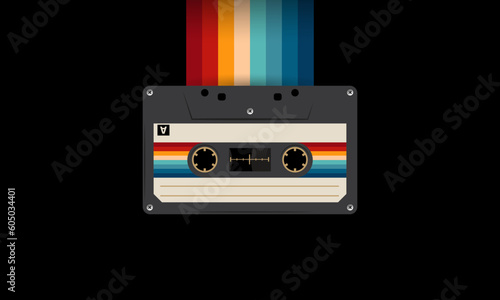 Retro musiccasette with retro colors eighties style, cassette tape, vector art image illustration, mix tape retro cassette design, Music vintage and audio theme,  Synthwave and vaporwave template
