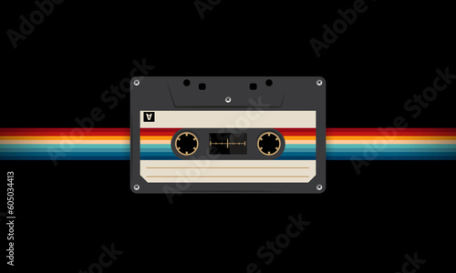 Retro musiccasette with retro colors eighties style, cassette tape, vector art image illustration, mix tape retro cassette design, Music vintage and audio theme,  Synthwave and vaporwave template
