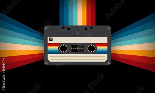 Retro musiccasette with retro colors eighties style, cassette tape, vector art image illustration, mix tape retro cassette design, Music vintage and audio theme,  Synthwave and vaporwave template
