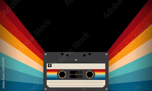 Retro musiccasette with retro colors eighties style, cassette tape, vector art image illustration, mix tape retro cassette design, Music vintage and audio theme,  Synthwave and vaporwave template
