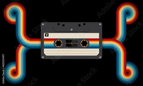 Retro musiccasette with retro colors eighties style, cassette tape, vector art image illustration, mix tape retro cassette design, Music vintage and audio theme,  Synthwave and vaporwave template
