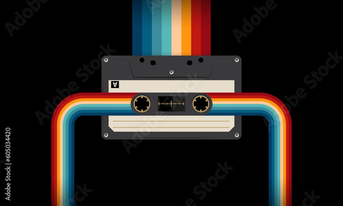 Retro musiccasette with retro colors eighties style, cassette tape, vector art image illustration, mix tape retro cassette design, Music vintage and audio theme,  Synthwave and vaporwave template
