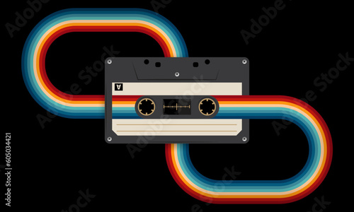 Retro musiccasette with retro colors eighties style, cassette tape, vector art image illustration, mix tape retro cassette design, Music vintage and audio theme,  Synthwave and vaporwave template
 photo