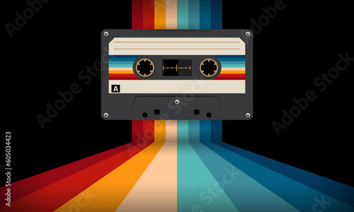 Retro musiccasette with retro colors eighties style, cassette tape, vector art image illustration, mix tape retro cassette design, Music vintage and audio theme,  Synthwave and vaporwave template
