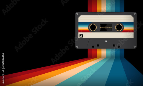 Retro musiccasette with retro colors eighties style, cassette tape, vector art image illustration, mix tape retro cassette design, Music vintage and audio theme,  Synthwave and vaporwave template
