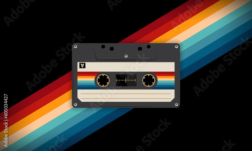 Retro musiccasette with retro colors eighties style, cassette tape, vector art image illustration, mix tape retro cassette design, Music vintage and audio theme,  Synthwave and vaporwave template
