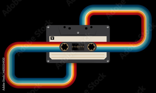 Retro musiccasette with retro colors eighties style, cassette tape, vector art image illustration, mix tape retro cassette design, Music vintage and audio theme,  Synthwave and vaporwave template
