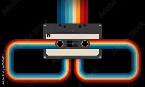 Retro musiccasette with retro colors eighties style, cassette tape, vector art image illustration, mix tape retro cassette design, Music vintage and audio theme,  Synthwave and vaporwave template
