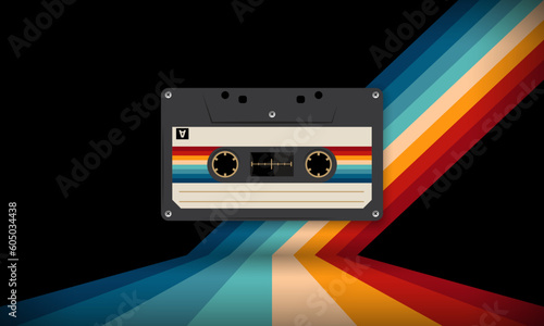Retro musiccasette with retro colors eighties style, cassette tape, vector art image illustration, mix tape retro cassette design, Music vintage and audio theme,  Synthwave and vaporwave template
