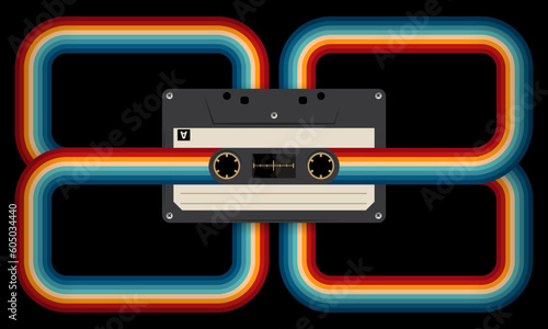 Retro musiccasette with retro colors eighties style, cassette tape, vector art image illustration, mix tape retro cassette design, Music vintage and audio theme,  Synthwave and vaporwave template

