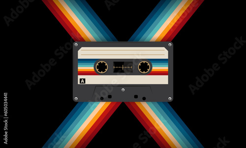 Retro musiccasette with retro colors eighties style, cassette tape, vector art image illustration, mix tape retro cassette design, Music vintage and audio theme,  Synthwave and vaporwave template

