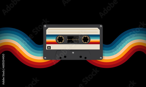 Retro musiccasette with retro colors eighties style, cassette tape, vector art image illustration, mix tape retro cassette design, Music vintage and audio theme,  Synthwave and vaporwave template
