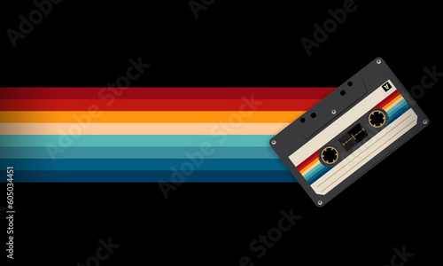 Retro musiccasette with retro colors eighties style, cassette tape, vector art image illustration, mix tape retro cassette design, Music vintage and audio theme,  Synthwave and vaporwave template

