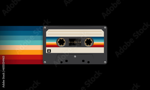 Retro musiccasette with retro colors eighties style, cassette tape, vector art image illustration, mix tape retro cassette design, Music vintage and audio theme,  Synthwave and vaporwave template
